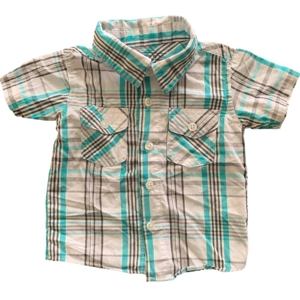 Pure One Black Blue White Plaid Striped Short Sleeve Button Down Shirt Size 12M